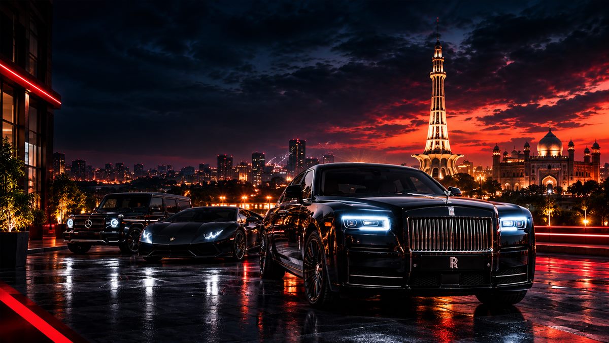 Luxury cars against the Lahore skyline