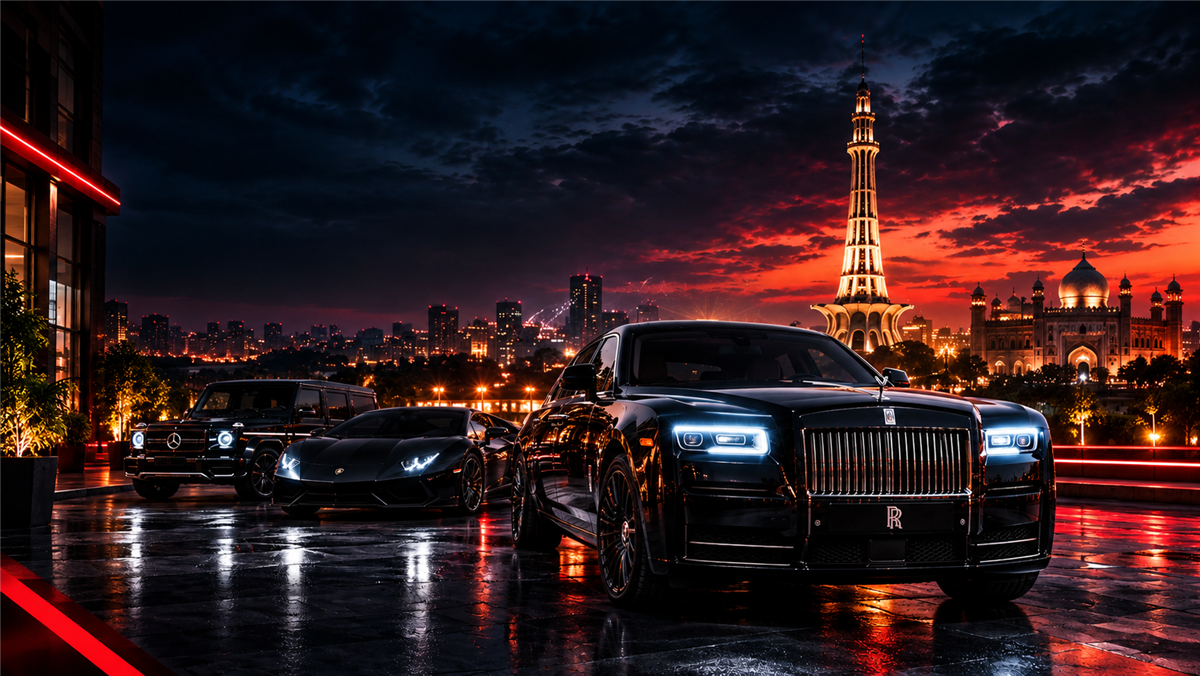 Luxury cars against the Lahore skyline